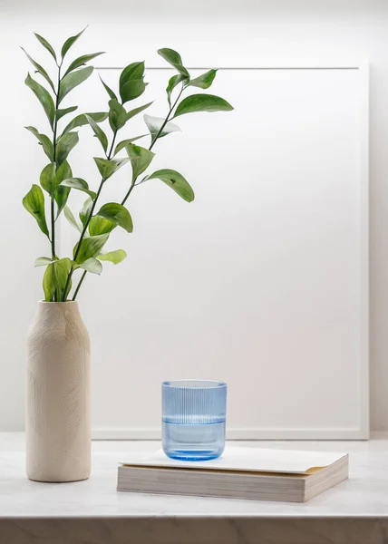 Cropped View Colored Glass Water Frame Plant Vase Book Table — Fotografia de Stock