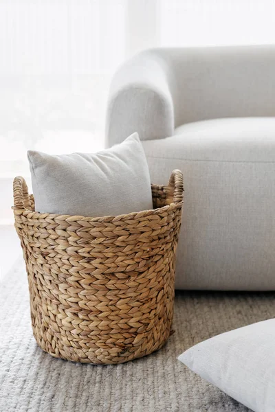 Cropped View Pillow Basket Stylish Room Interior Design House Renovation — Photo