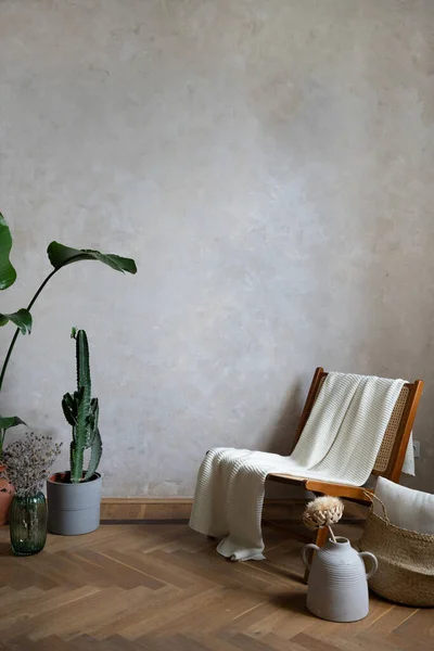 White Plaid Wooden Armchair Apartment Scandinavian Interior Rattan Chair Grey — Stock Photo, Image