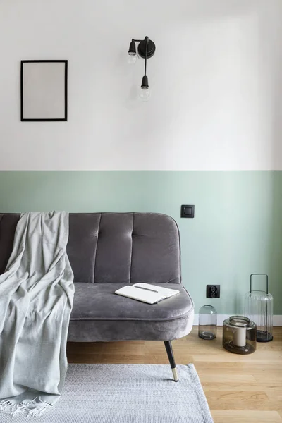 Apartment Furnishing Sofa Home Decor Vertical View Textile Plaid Comfortable — Stock Fotó