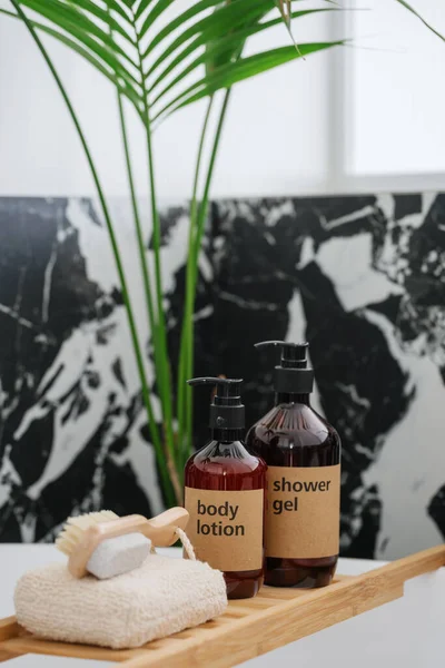 Shower Gel Moisturizer Lotion Brown Bottles Soft Bath Sponge Natural — Stock Fotó
