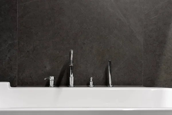 Closeup Detail Interior Modern Bathroom Hotel White Bath Silver Faucet — Stockfoto