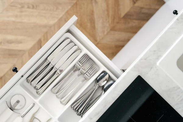 Top View Open Drawer Clean Shiny Cutlery Wooden Parquet Floor — Foto de Stock