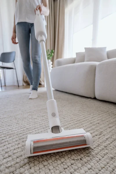 Woman Using Modern Wireless Vacuum Cleaner Home Cleaning Service Worker — Zdjęcie stockowe