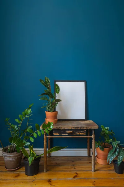 bohemian interior style in living room with vintage side table, potted houseplants, mockup picture in black frame, blue wall and wooden floor