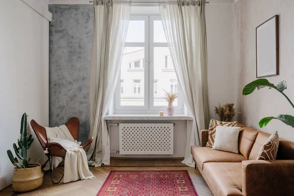 Living Room Loft Style Apartment Comfortable Sofa Potted Houseplants Home — ストック写真