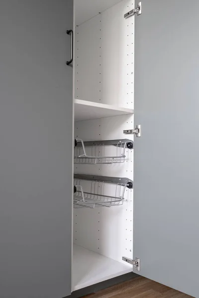 Wooden Closet Opened Door Wood Shelf Steel Mesh Drawers Clothing — 스톡 사진