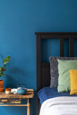 stylish interior design in lounge room with blue wall, comfort wooden bed with cushions and plaid, vintage side table, green potted houseplant, teapot and cup with herbal tea