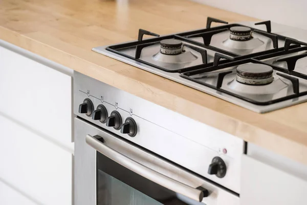 Stainless Steel Gas Cooker Built Wooden Countertop Electric Oven Control — Stockfoto