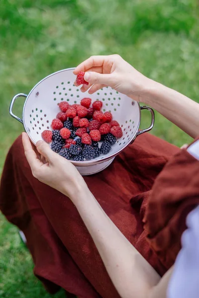 female hands pick and wash ripe raspberry and blackberry in colander in garden at summer, cropped shot