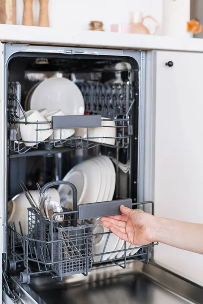 Cropped View Person Starting Dishwasher Dirty Plates Contemporary Kitchen Appliances — Stock Photo, Image