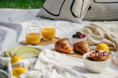 Yaz kahvaltısı dışarıda. piknik kavramları. Yiyecek, olgun kavun, meyve, tatlı kruvasan ve bahçedeki çimenlikte taze portakal suyu dolu bir battaniye. Arka bahçede kahvaltı.