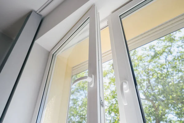 Low Angle View Plastic Pvc Window White Metal Frame Installed — Stock Photo, Image
