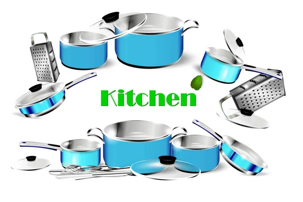 Realistyczne niebieskie chromowane naczynia. Stalowe garnki kuchenne z peleryną, metalowym rondlem i patelnią, izolowane naczynia. Wizerunek wektorowy 3D chrom patelnia i naczynia kuchenne — Wektor stockowy