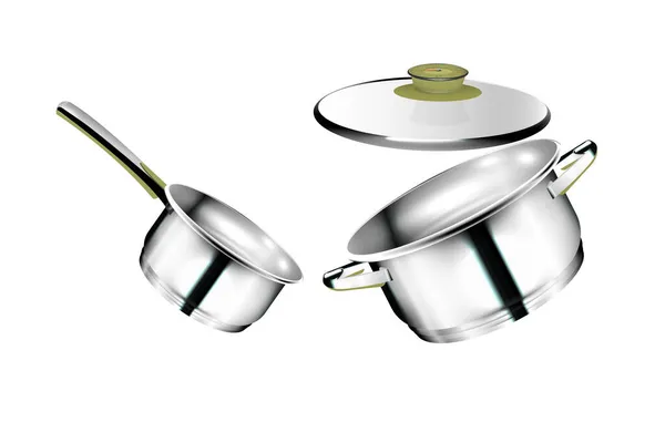Realistische Chromgeschirr. Kochtöpfe aus Stahl mit Umhang, Metallpfanne und Pfanne, isoliertes Kochgeschirr. Vector Image 3D Chrom-Pfanne und Küchenutensilien — Stockvektor