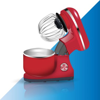 Vektör 3 boyutlu gerçekçi kırmızı karıştırıcı. Blender açık pozisyonda. Dekoratif tasarım, satış, ev aletlerinin tamiri.