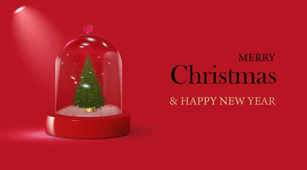 Noel ağacı pullu sihirli cam kubbe, boş şablon. Yeni Yıl gerçekçi 3D tasarımı. Noel kristal küresi. Kırmızı arka plan. Vektör illüstrasyonu