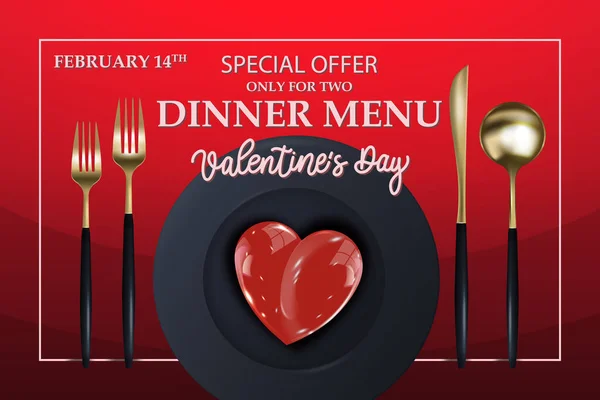 Valentine Day Menu Design Golden Fork Spoon Knife Red Background — стоковый вектор