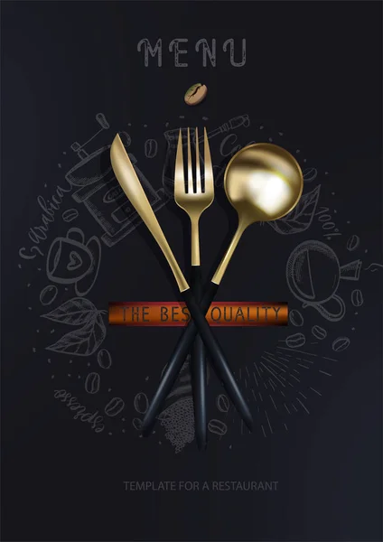 Golden Fork Knife Spoon Black Background Coffee Silhouettes Fashionable Modern — Stockvektor