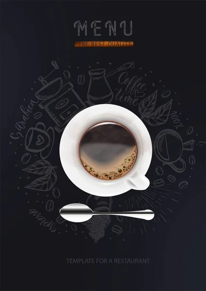 Menu White Coffee Cup Spoon Black Background Coffee Silhouettes Fashionable — стоковый вектор