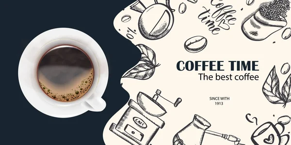 Cup Coffee Sketch Banner Coffee Beans Leaves Coffee Grinder Coffee — Stockvektor