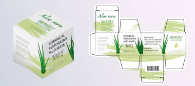 Kozmetik ambalaj şablonunun tasarımı. Kestik. Kapalı bir kutuda aloe vera ile kozmetik krem maskesi. Gerçekçi 3B model.