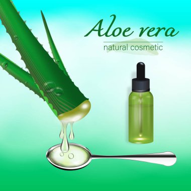 Aloe Vera bitkisi, akan meyve suyu ve cam damlatıcı şişesiyle. Kolajen serum ambalajının planı. Güzellik için kozmetik ürünlerinin reklamlarıyla dolu bir poster. Gerçekçi 3d vektör illüstrasyonu