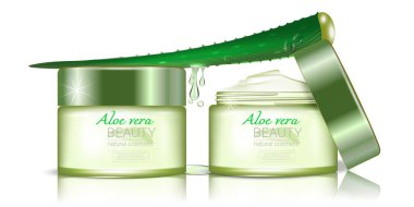 Bir kavanoz kozmetik kremi ve açık kapaklı Aloe Vera Bitkisi. Paketleme düzeni. Güzellik için kozmetik ürünlerinin reklamlarıyla dolu bir poster. Gerçekçi 3d vektör illüstrasyonu