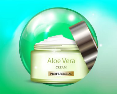 Vektör 3D, cam yeşil dairenin arka planında aloe vera olan cilt bakım kremi. Markalı ambalaj tasarımı. Vektör illüstrasyonu.