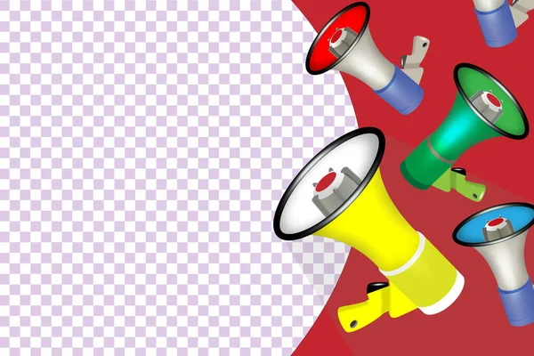 Vector realista 3d Megáfonos amarillos simples sobre un fondo rojo-transparente. Plantilla de diseño, Banner, Web. Firma de altavoces. Anuncio, El Concepto de Atención — Archivo Imágenes Vectoriales