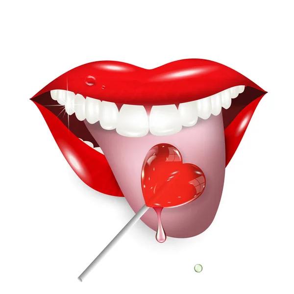 Sexy rote Lippen auf transparentem Hintergrund, die einen herzförmigen Lutscher lecken. 3D-Effekt. Vektorillustration. — Stockvektor