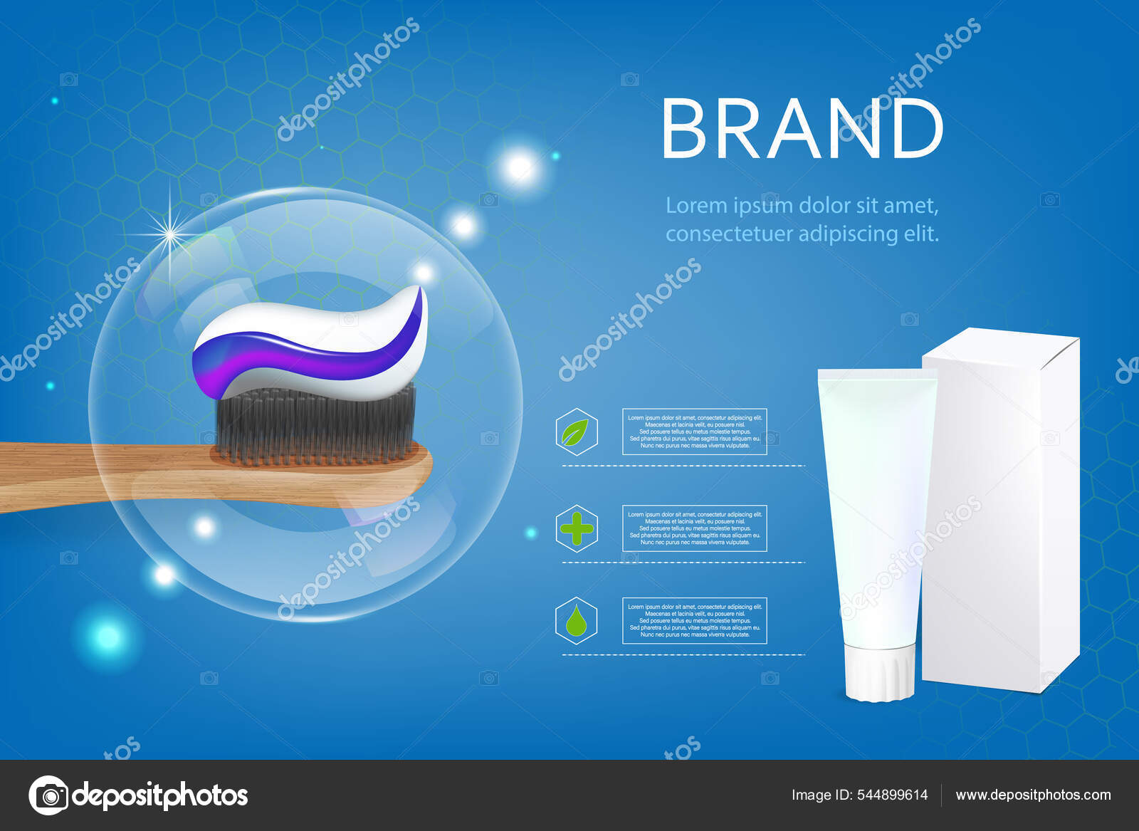 벡터, 치약의 3 차원 광고. 당신의 디자인을 위한 그래픽 컨셉이요. 포장이 되어 있는 뚜껑없는 주형, 튜브. 스톡 벡터 -  ©Samodelkin20 544899614, image size:1600x1167