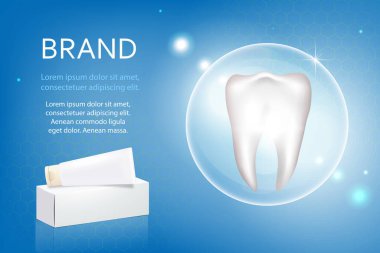 Vector, 3D advertising of whitening toothpaste. A graphic concept for your design. Layout template, tube with packaging. clipart