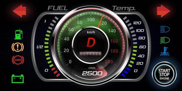 Illustration vectorielle d'un tableau de bord réaliste. Le concept de vitesse. Affichage de voiture avec indicateurs de fonctionnement. — Image vectorielle