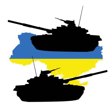 Ukrayna bayrağı arka planda tanklarla resmedilmiştir. Ukrayna ile Rusya arasındaki ilişkiler