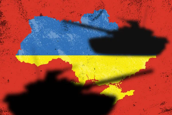 Ukrayna bayrağı tanklarla beton bir duvara boyanmıştır. Ukrayna ile Rusya arasındaki ilişkiler