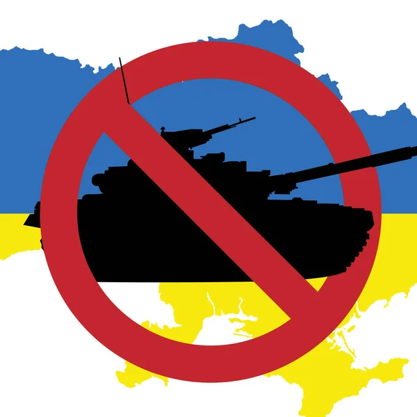 Tidak ada perang di Ukraina. Hentikan invasi. Merah mencoret tanda lingkaran dengan ikon tank di dalamnya dengan latar belakang bendera ukrain. Hentikan agresi. Ilustrasi vektor. Stok Ilustrasi 