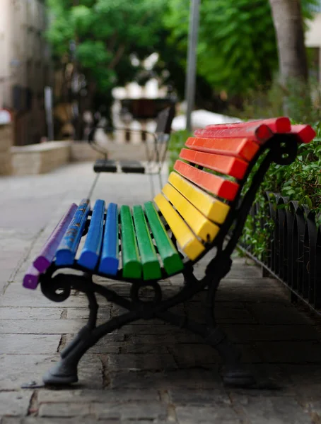 Stock Photo Bench Sitting Street Painted Lgtb Colours Shallow Depth — Foto de Stock