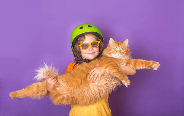 Little kid holding big ginger cat. Owner of pet holding funny overweight cat isolated on colorful background. Big fluffy orange cat lying on the hands.