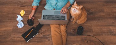 Evde dizüstü bilgisayarla çalışmak, Alexa akıllı ses asistanı, bir fincan kahve ve zencefilli kedi. Kaplamalı sıcak zeminde akıllı telefonlu bir adam oturuyor. Uzak çalışma