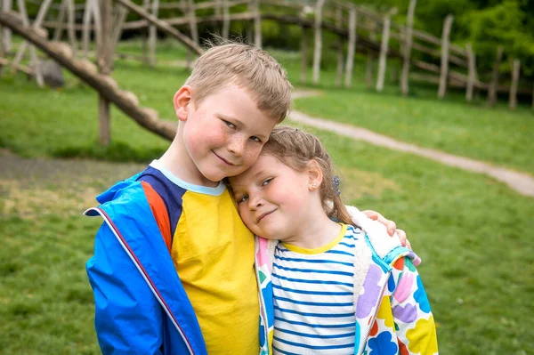 孩子们在外面散步 快乐的姐姐和哥哥一起在公园里 8岁男孩和6岁女孩彼此相爱 朋友们 — 图库照片