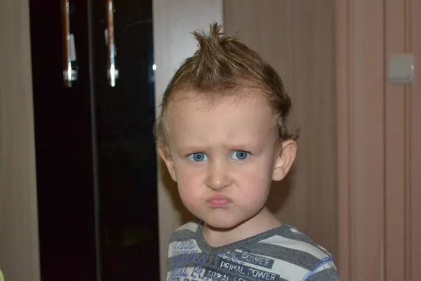 Photo Charming Boy Looking Camera Funny Face Discontent Posing — Stock Photo, Image