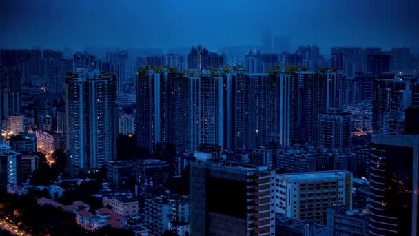 Linha Horizonte Distópica Grande Metrópole Chinesa Cidade Escura Fumegante Com — Vídeo de Stock