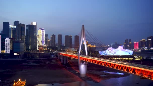 Chongqing Bridge Grand Theater Night Low Water Drought Conditions Evening — Stock Video