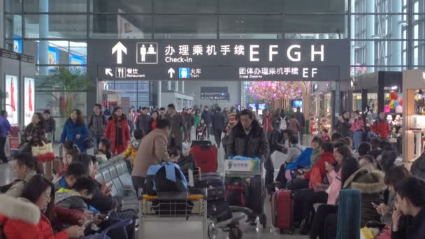 在宏桥机场办理登机手续的区外离开等候区 在中国的航站楼里 乘客们排成一排等着他们的飞机 非常拥挤的旅行场景 — 图库视频影像