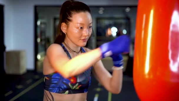 Slowmo Mujer Asiática Perforando Bolsa Pesada Mujer China Entrenamiento Boxeo — Vídeo de stock