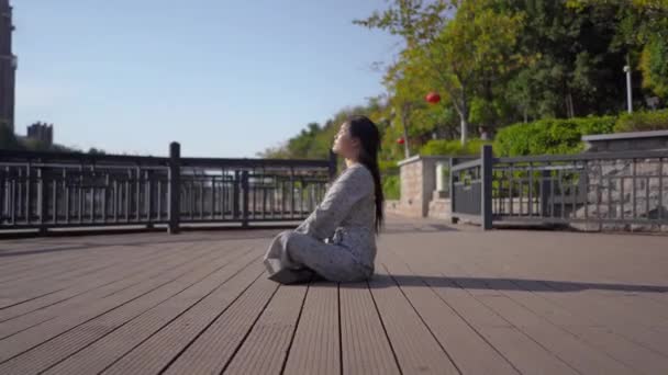 Modern Woman Does Daily Mediation Park Moving Chinese Female Doing — Vídeo de Stock