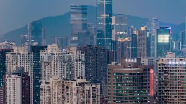 Day Night Timelapse Downtown Apartment Buildings Pan Chinese Crowded City — Vídeo de Stock