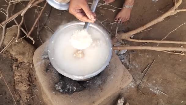 Uma Mulher Indiana Está Cozinhando Arroz Fogão Madeira Estilo Cozinha — Vídeo de Stock