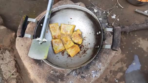 Fish Frying Wooden Stove Traditional Cooking Style India Food Being — Stock Video